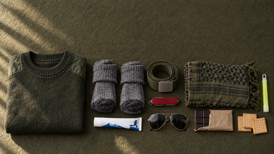 Ausrüstung für die Rekrutenschule als Flat-Lay: Socken, Textilgurt, Sackmesser, Sportbalsam und Zugpullover