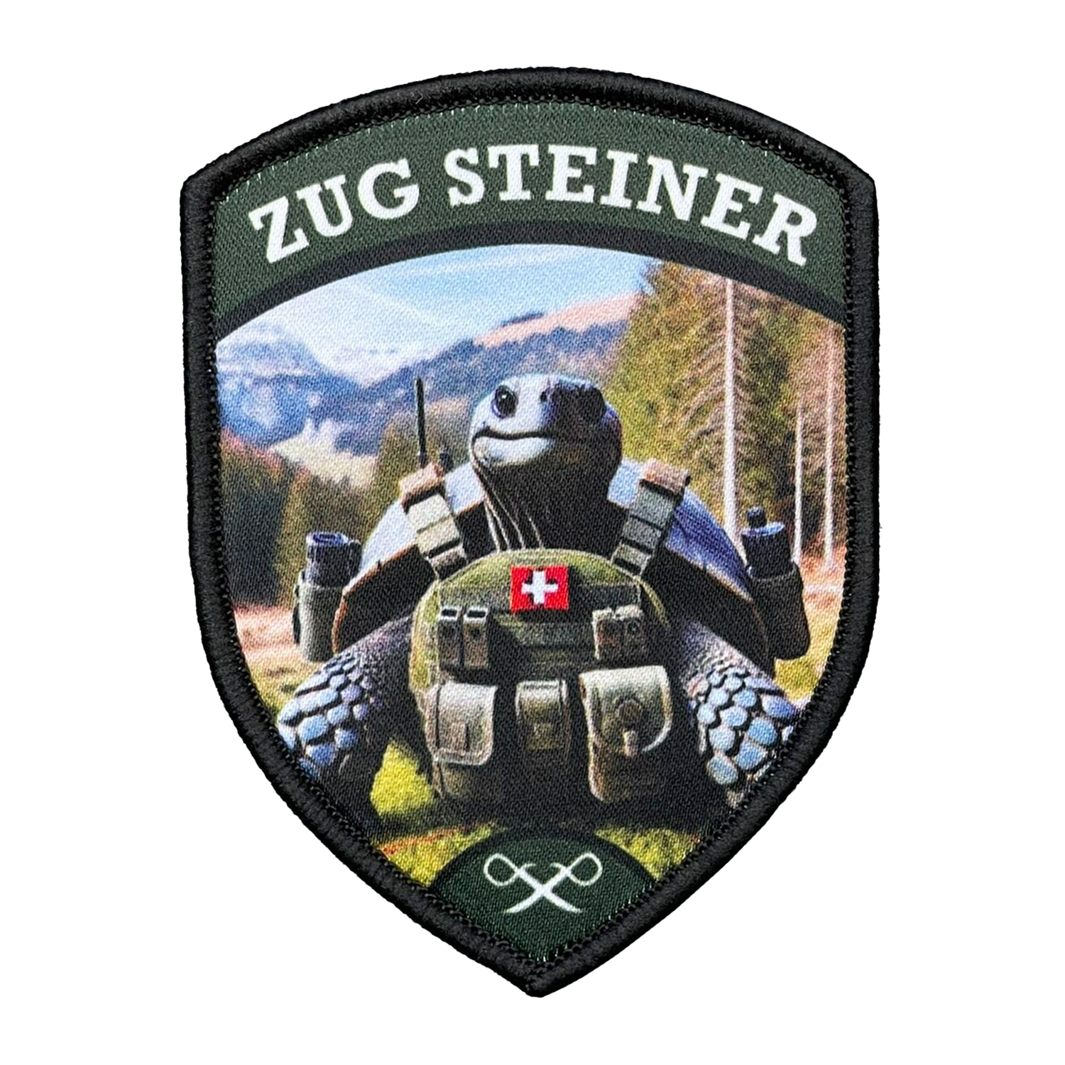 Gedruckter individueller Patch mit Schildkröten Motiv und Schweizer Kreuz
